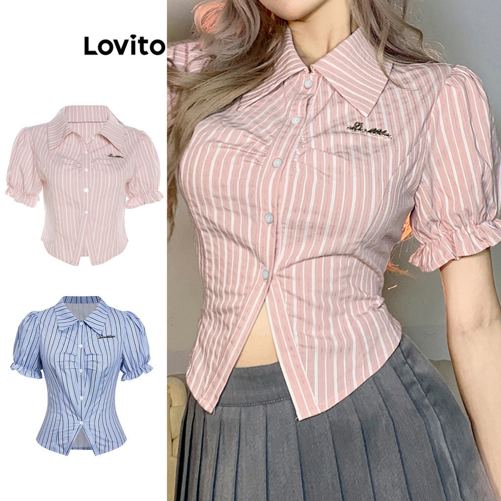 Lovito เสื้อลําลองลาย ยักไหล่ เย็บปักถักร้อยพัฟแขนเสื้อสําหรับผู้หญิง L79AD103 (หลากสี)