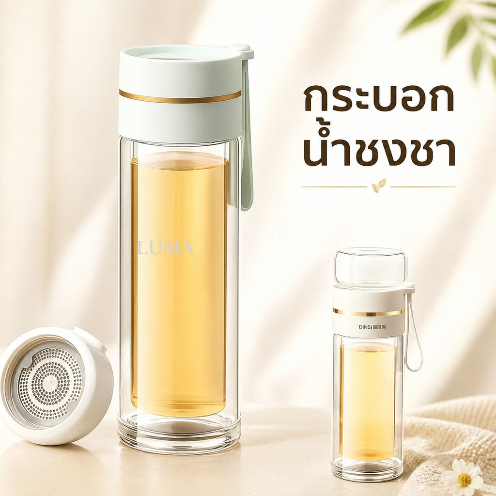 พร้อมส่งในไทย กระบอกน้ำกรองชา 450ml ตัวกรองชาในตัว Double Wall Glass แบบพกพา ขวดแก้วสองชั้น ทนความร้อน