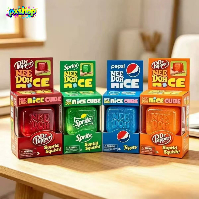 สกุชชี่ก้อนน้ำแข็งสไตล์ NeeDoh Nice Cube ซีรีส์ Soda (Pepsi, Sprite, Fanta) นุ่มหนึบคลายเครียดทรงสี่เหลี่ยมมินิมอล ของเล่น Fidget ตกแต่งโต๊ะทำงาน ของขวัญสุดเก๋สำหรับสายสะสม