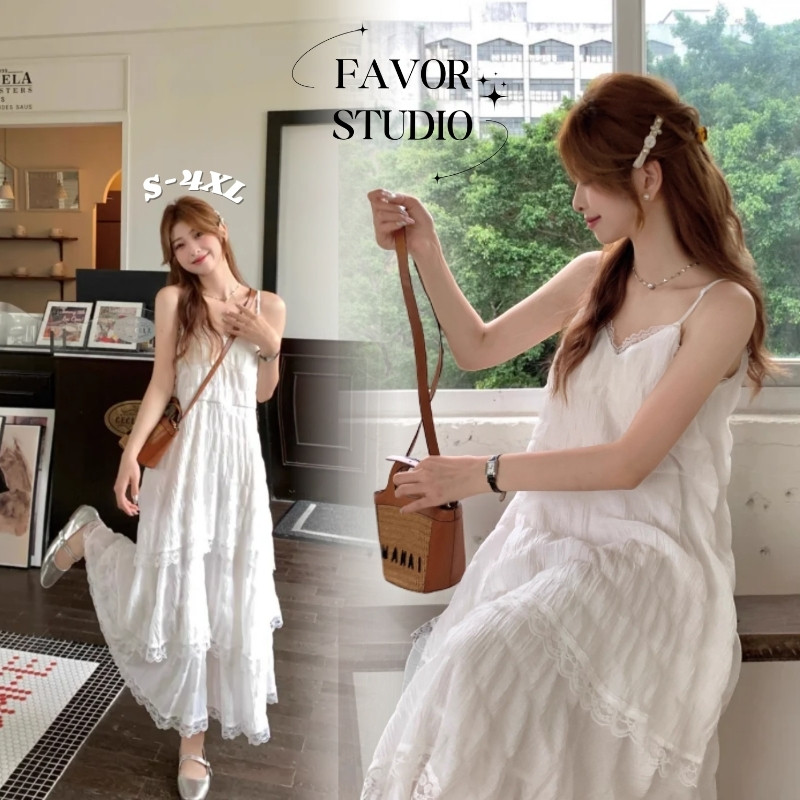 【S-4XL】 เดรสยาวสายเดี่ยว ดีเทลลูกไม้น่ารักฟูฟ่อง สไตล์สาววินเทจสายหวาน ใส่แล้วละมุนสุด เดรสพลัสไซซ์