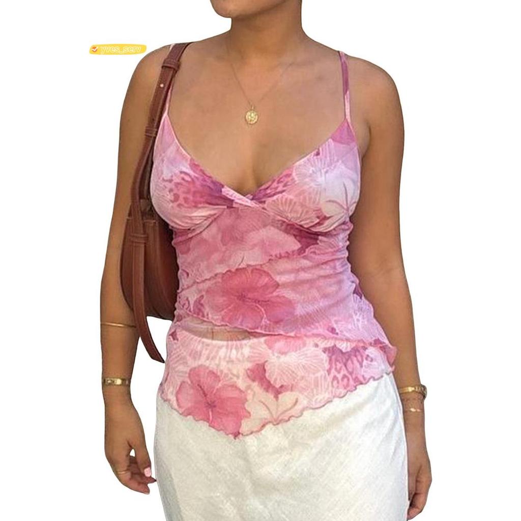yves_serviceWomenS Y2k Floral Tops V คอห่อไม่สม่ําเสมอ Hem แขนกุดสปาเก็ตตี้เสื้อกล้าม