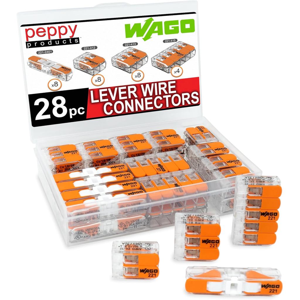 Long-lasting WAGO 221 Lever Nuts 28pc Compact Splicing Wire Connector Assortment with Case | รวม 221