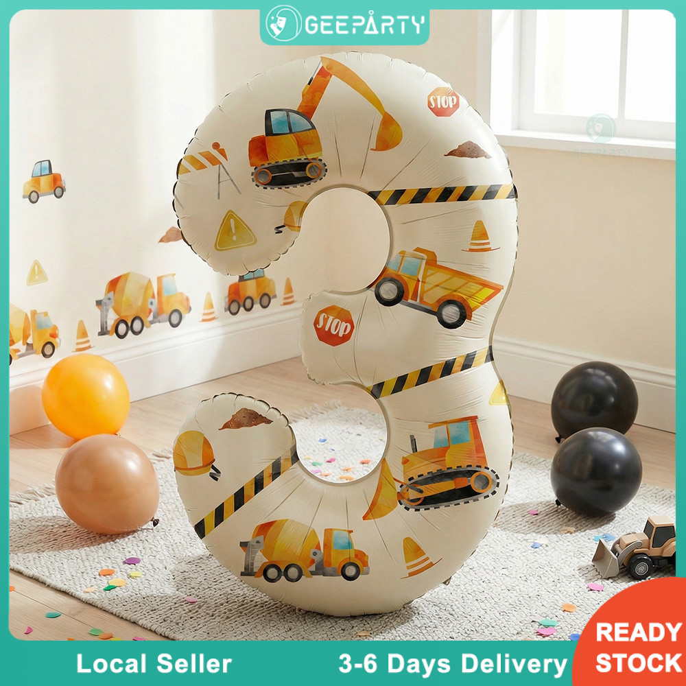 GeeParty ลูกโป่งฟอยล์ 3 ชิ้น ตัวเลข + รถขุด สีครีม Construction Theme ตกแต่งงานวันเกิดเด็กชาย