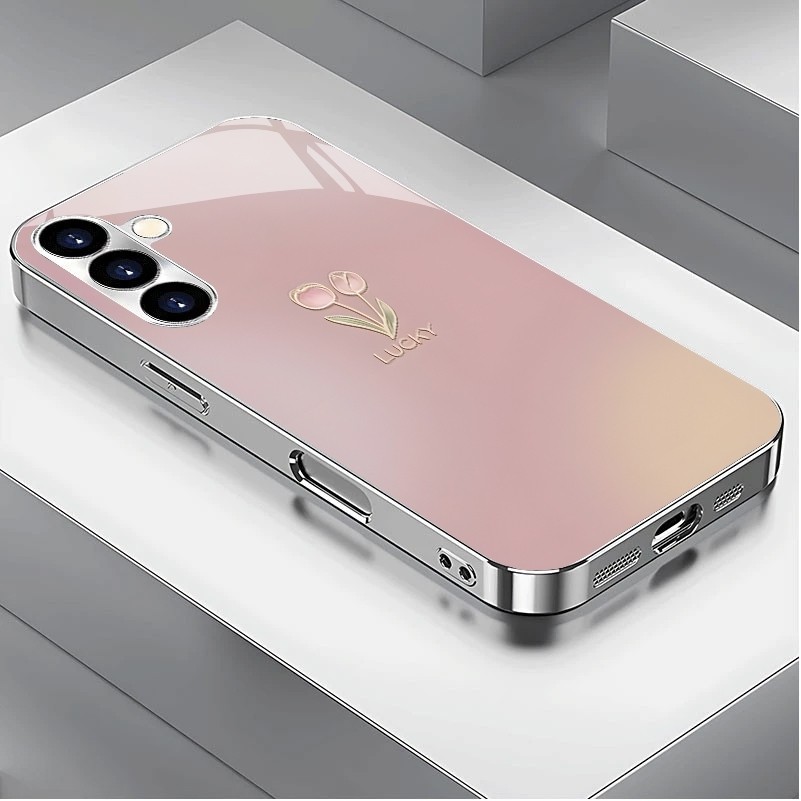 SAMSUNG ทิวลิป 09 หรูหราชุบกรอบแก้วเคสโทรศัพท์สําหรับSamsung Galaxy S22 S23 S24 S25 S26 Ultra A22 A2