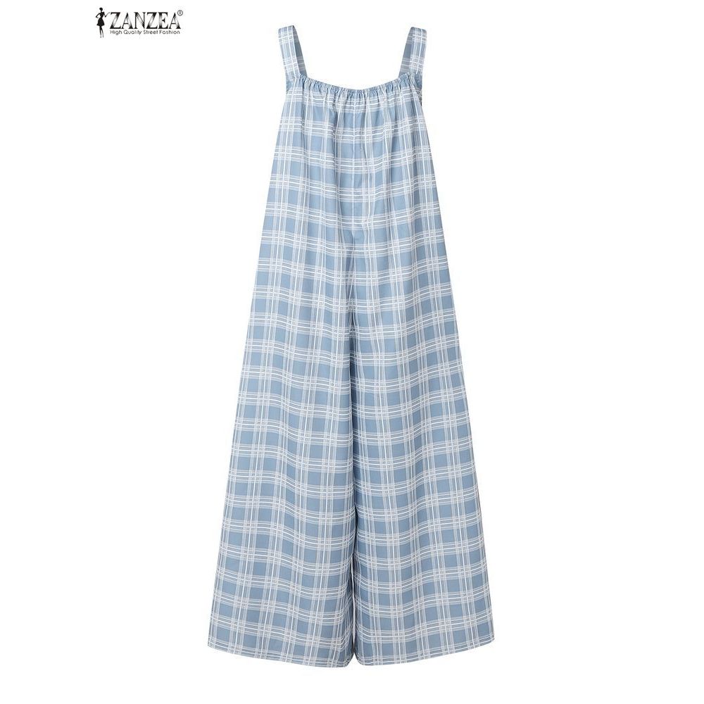 ZANZEA ผู้หญิงเกาหลี Streetwear Retro Casual Square Collar แขนกุดหลวมลายสก๊อตขากว้าง Overalls — صورة 8