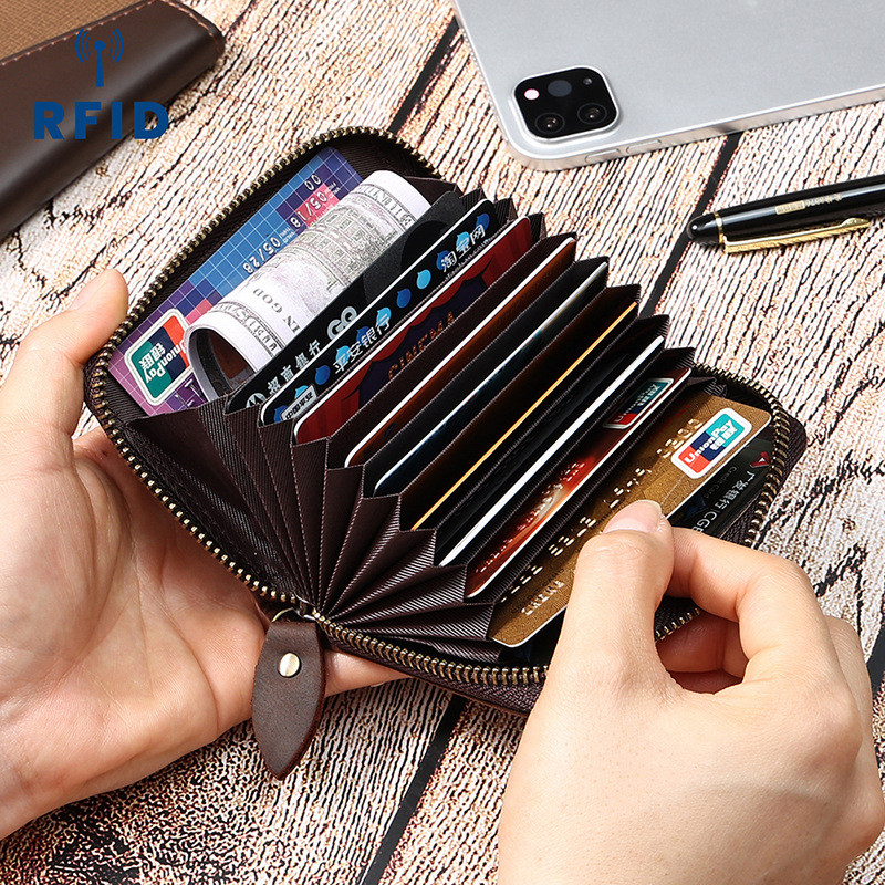 Crazy Horse หนัง RFID Anti-Theft Card Holder Multi-Card Slot Anti-Magnetic ขนาดใหญ่-ความจุซิปออร์แกนกระเป๋า Retro ของแท้