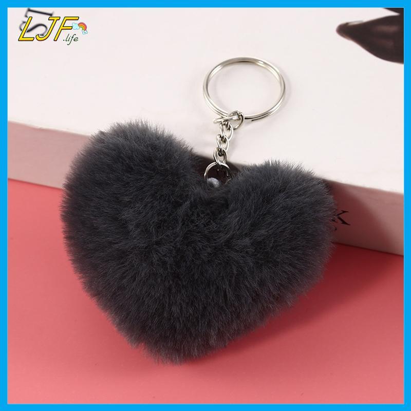LJF 8 ซม.Fluffy pom พวงกุญแจของขวัญผู้หญิงรูปหัวใจ Pompon กระต่ายปลอม Key Chain Ball กระเป๋ารถอุปกรณ