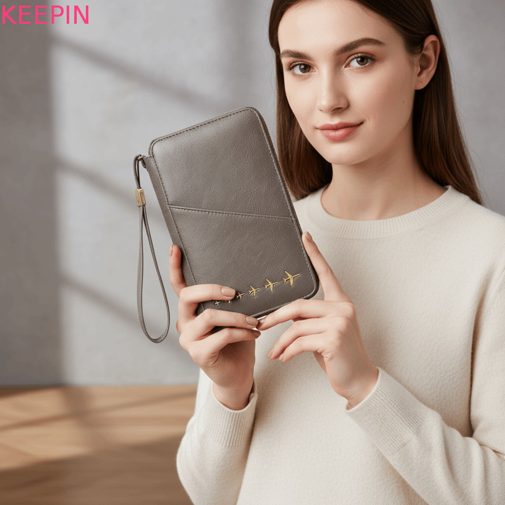 KEEPIN RFID Travel Wallet, Multi-pocket Faux-leather Passport Cover Zipper, Long Card Holder Lightwe