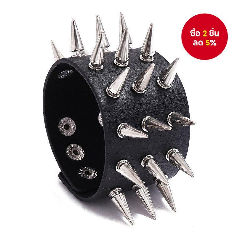 Punk สามแถว Spikes Rivet Stud ข้อมือกว้างหนัง Gothic Rock Unisex กําไลข้อมือสีดํา