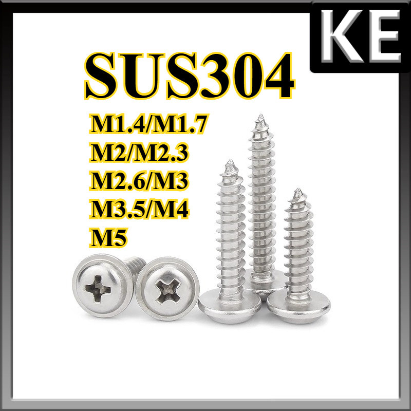 สกรู หัวกลม ติดแหวน แฉก JPW+ สเตนเลส 304 เกลียวปล่อย ปลายแหลม / Pan Head Washer Phillip Tapping Screw   M1.4/M1.7/M2/M2.3/M2.6/M3/M3.5/M4/M5 * L3-50 มม.KE-FASTENER