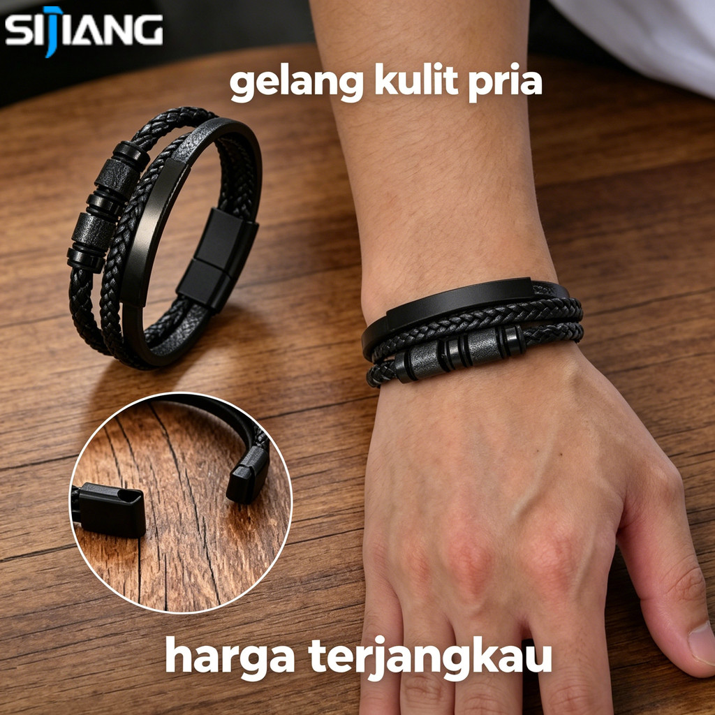XIJIANG ผู้ชายสร้อยข้อมือหนังสีดําผู้ชายไทเทเนียมสแตนเลส Simple Elegant Masculine