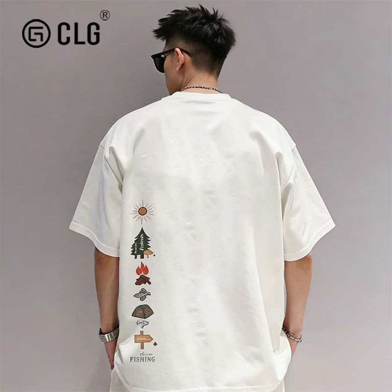 ฮ่องกง CLG Street Wear ฤดูร้อนสไตล์ใหม่แขนสั้นเสื้อยืดผู้ชายผ้าฝ้ายแท้ Heavy Ruffian หล่ออินเทรนด์รอ