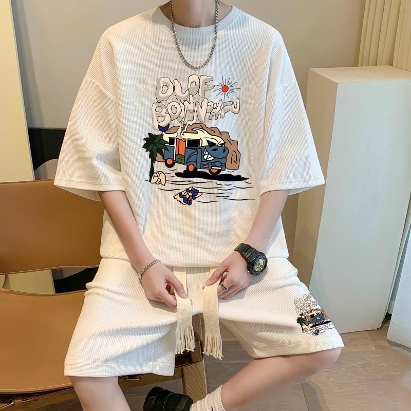 11 Street Wear Waffle Casual Suit Men Short-Sleeved Shorts One Set Matching Sports Fashion Two Piece