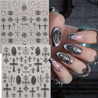 HAMA Y2K โลหะ 3D สติ๊กเกอร์ติดเล็บ Gothic Silver Cross Heart Star Line Design Nail Art Decals Self-Adhesive DIY ตกแต่งเล็บ