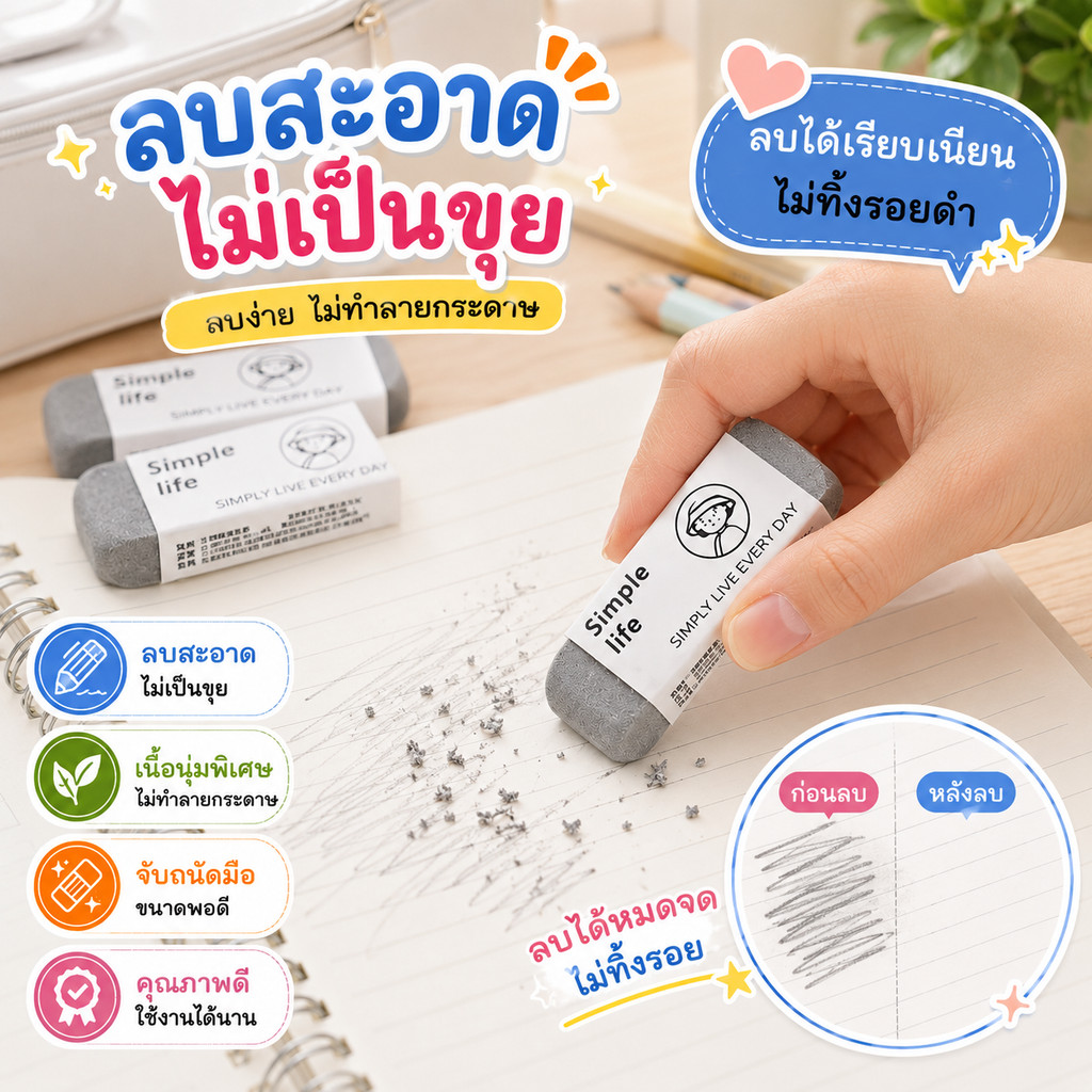 ยางลบผง Simple Life ลบรอยเขียนสะอาด 🖋️ หลุดร่อนง่าย  เหมาะกระดาษหนา 👍⚠️ห้ามใช้กับกระดาษบางนะคะA00058