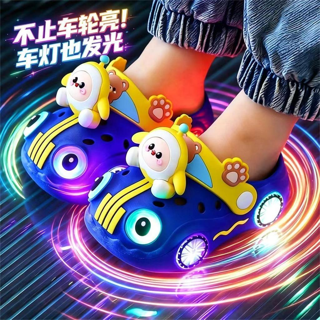 [สินค้าใหม่] Egg Boy Children Luminous Sandals Sandals Sandals Racing Style Double Light Flashing Ou