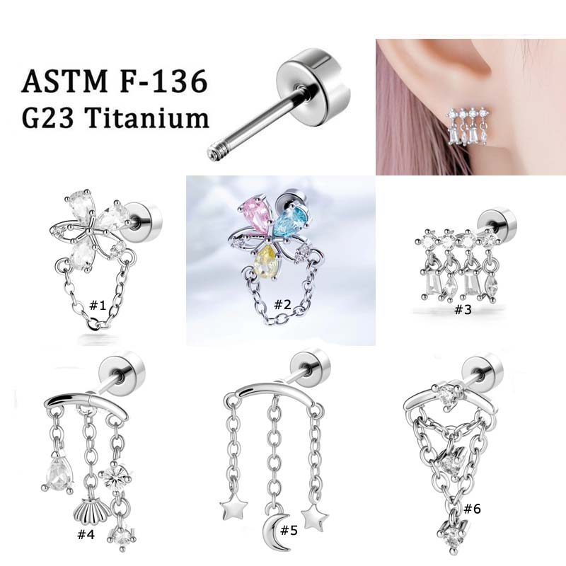 1 ชิ้น/โซ่ผีเสื้อเดี่ยว Fringed Dangle ไทเทเนียม Zirconia กระดูกอ่อนต่างหู Helix Lobe เจาะ 20Gauge หู Stud