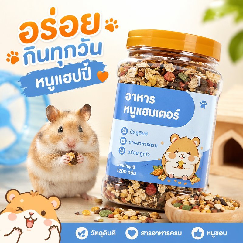 อาหารแฮมสเตอร์ อาหารหนูแฮมเตอร์ อาหารธัญพืชรวม โปรตีนสูง ผักผลไม้อบแห้ง หนอนนก กุ้งแห้ง