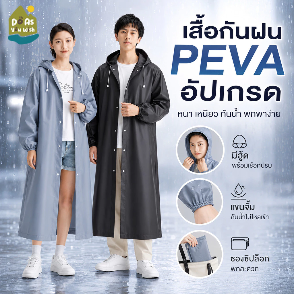 【Agate ของแท้】เสื้อกันฝน EVA/PEVA เสื้อกันฝนพกพา เสื้อคลุมกันฝน มีหมวก กันน้ำ กันฝุ่น น้ำหนักเบา ใส่ได้ทั้งชายหญิง