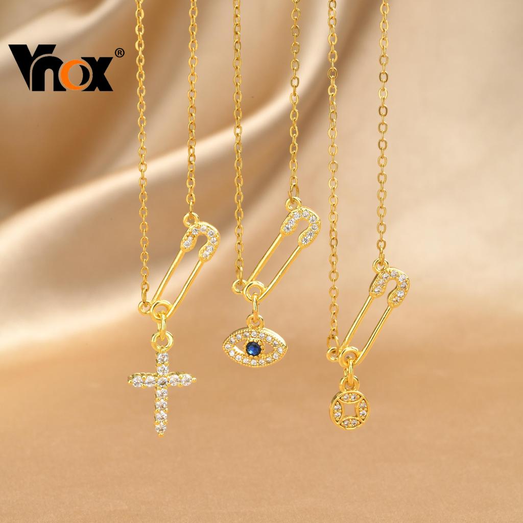 Vnox Shiny Gold สแตนเลสสตีล CZ เข็มกลัดชุดสร้อยคอผู้หญิง,กันน้ํา Anti-Tarnish Sparkling เครื่องประดับของขวัญวันเกิดสําหร