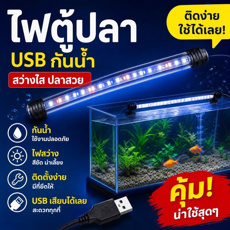 ไฟตู้ปลา ไฟ LED ตู้ปลา กันน้ำ USB สองหัว แสงขาวฟ้า ไฟแต่งตู้ปลา ไฟสปอร์ตไลท์ ปลาสวยงาม