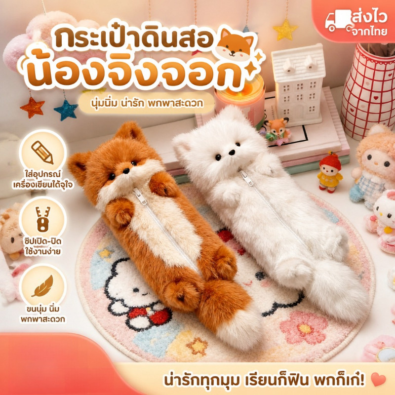 COD กระเป๋าดินสอตุ๊กตาขนนุ่ม ลายสุนัขจิ้งจอก น่ารักขนดก ความจุใหญ่ เหมาะสำหรับนักเรียน