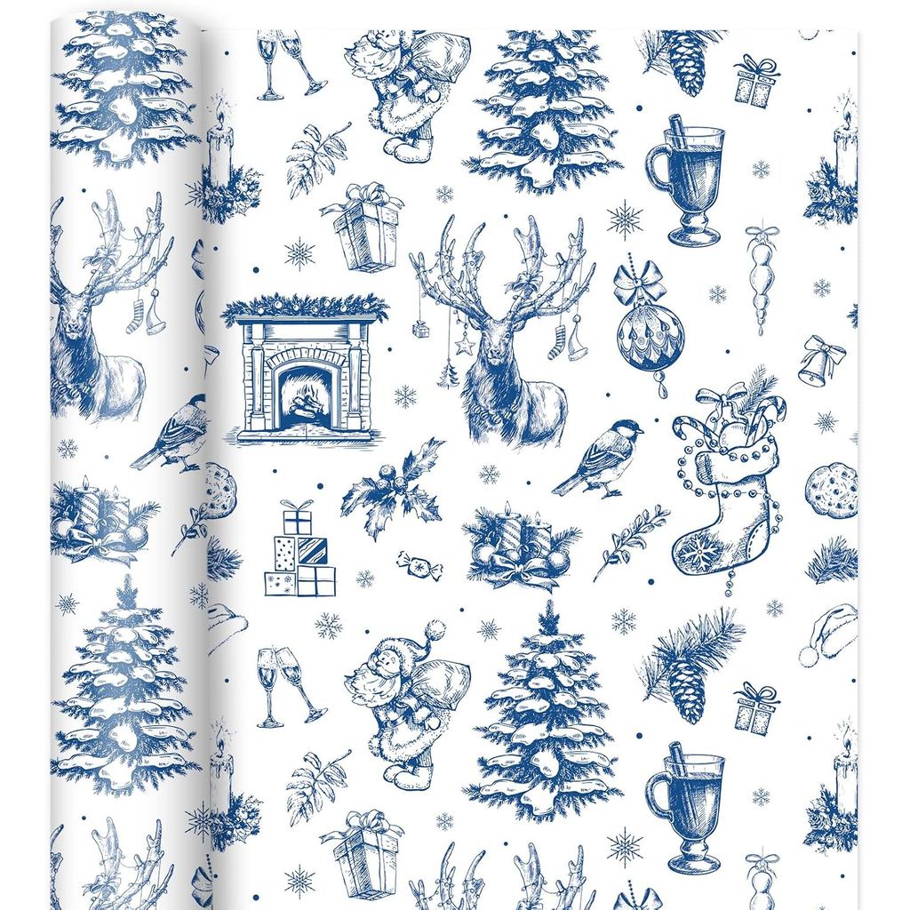 Whaline Christmas Wrapping Paper -Mini Roll- 17 In x 32.8 Ft Blue Christmas Tree Reindeer Santa Stoc
