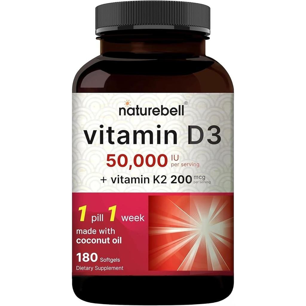 NatureBell D3 50000 IU พร้อม K2180 Softgels Potency B & Immune port* ดูดซึมง่ายด้วยน้ํามันมะพร้าว No
