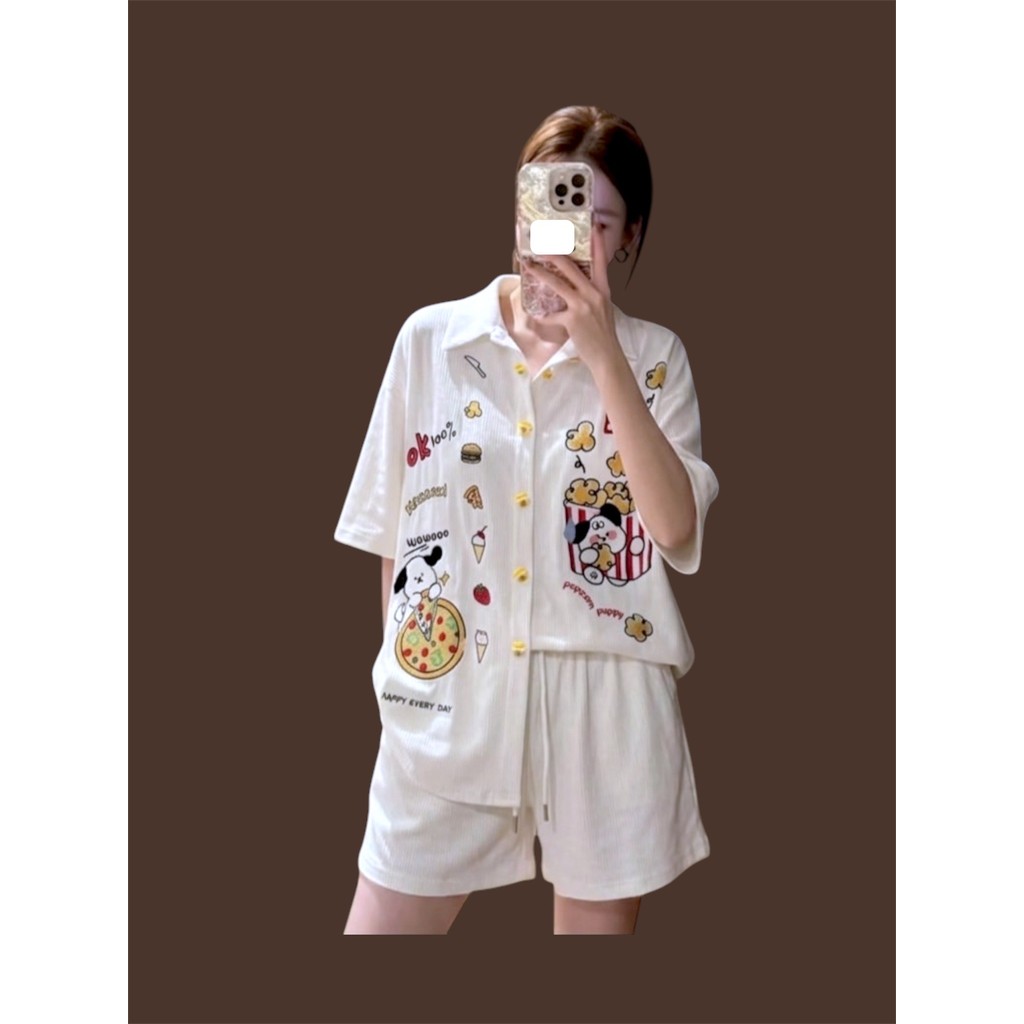 ชุดเซ็ตป้าย KKUUTIST เสื้องานปักผ้าลูกฟูกเนื้อนิ่มไม่หนา กางเกงขาสั้นมีกระเป๋า2ข้าง