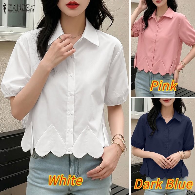 ZANZEA เสื้อผ้าผู้หญิงแฟชั่นลําลองเกาหลี Turn-down Collar แขนสั้น Heart 3D ดอกไม้ตกแต่งเสื้อ — صورة 3