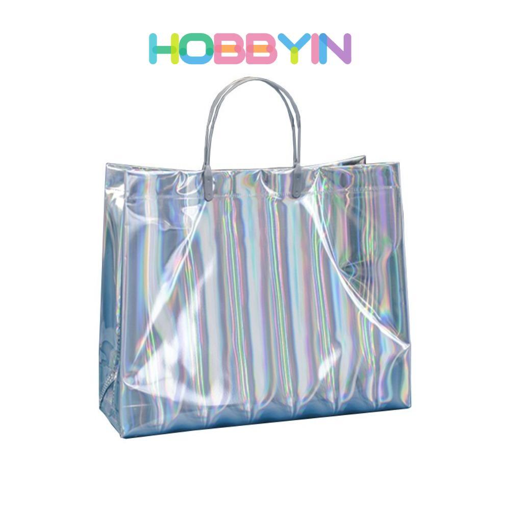 hobbyin ถุงบรรจุภัณฑ์ของขวัญ HOBBYIN, กระเป๋าถือหนาขนาดใหญ่, ร้านขายเสื้อผ้า Tote แบบมือถือ PVC เลเซอร์