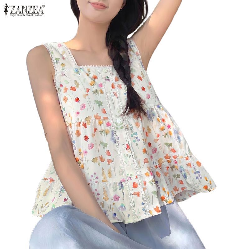 ZANZEA ใส่ ซานเซีย ผู้หญิงแฟชั่นเกาหลีลําลองคอสี่เหลี่ยมแขนกุด ก-เส้น ดอกไม้ลูกไม้ถัง