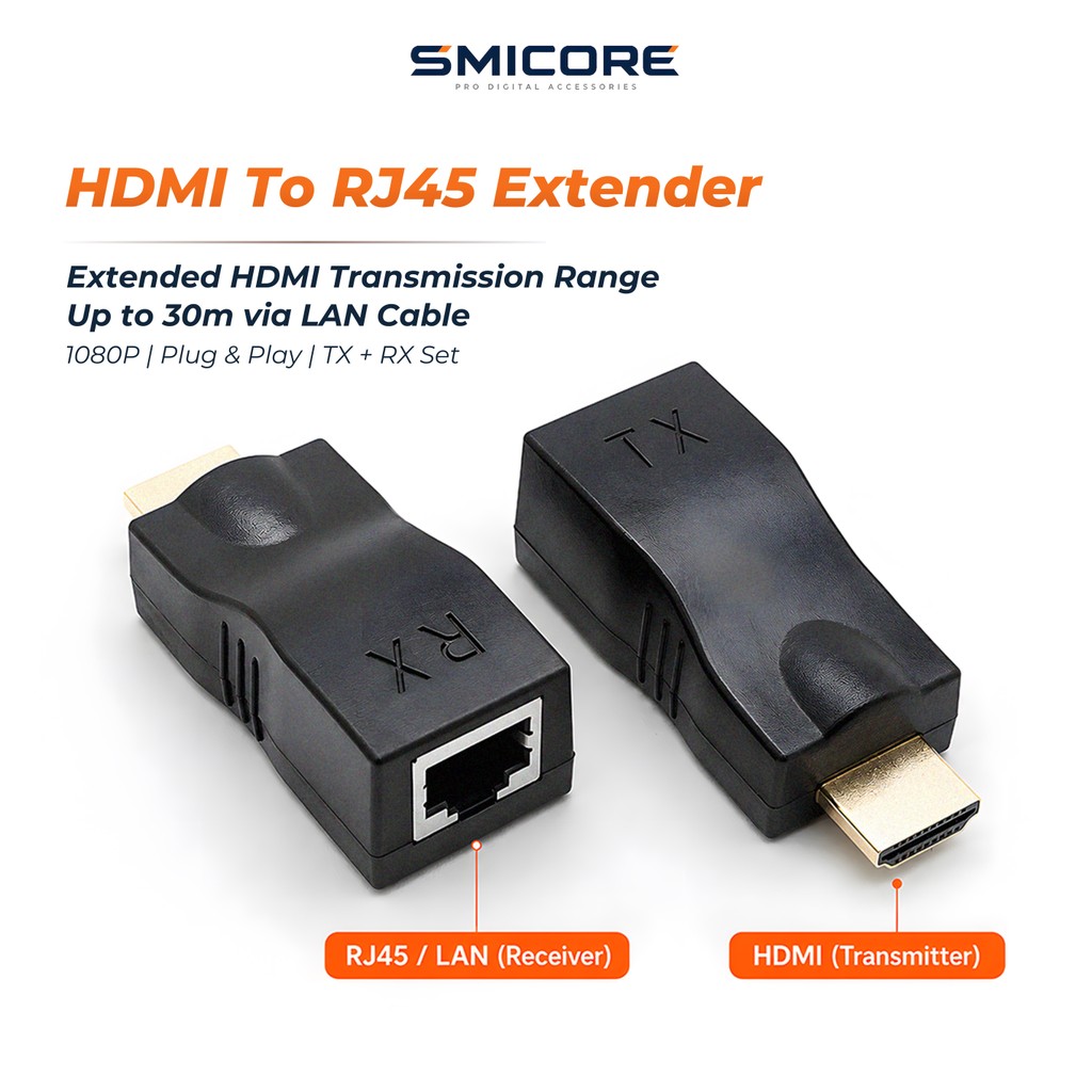 HDMI Extender ผ่าน LAN RJ45 1–30M ชุดส่ง-รับ TX/RX ใช้สาย CAT5e/CAT6 รองรับ 1080P สำหรับทีวี โปรเจคเตอร์ คอมพิวเตอร์ Plug & Play