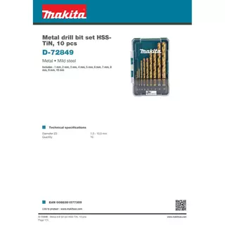 Makita D-72849 ดอกสว่าน HSS TIN ชุด Eco 10 ชิ้น