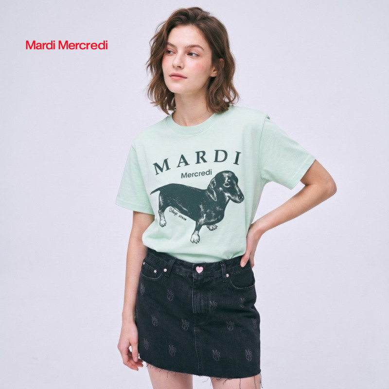 Mardi Mercredi 26SS เสื้อยืดแขนสั้นคอกลม ลายสุนัขพันธุ์ดัชชุน สีมาคารอง ดีไซน์ Dopamine ของแท้ 100% สำหรับผู้หญิง พร้อมส่ง