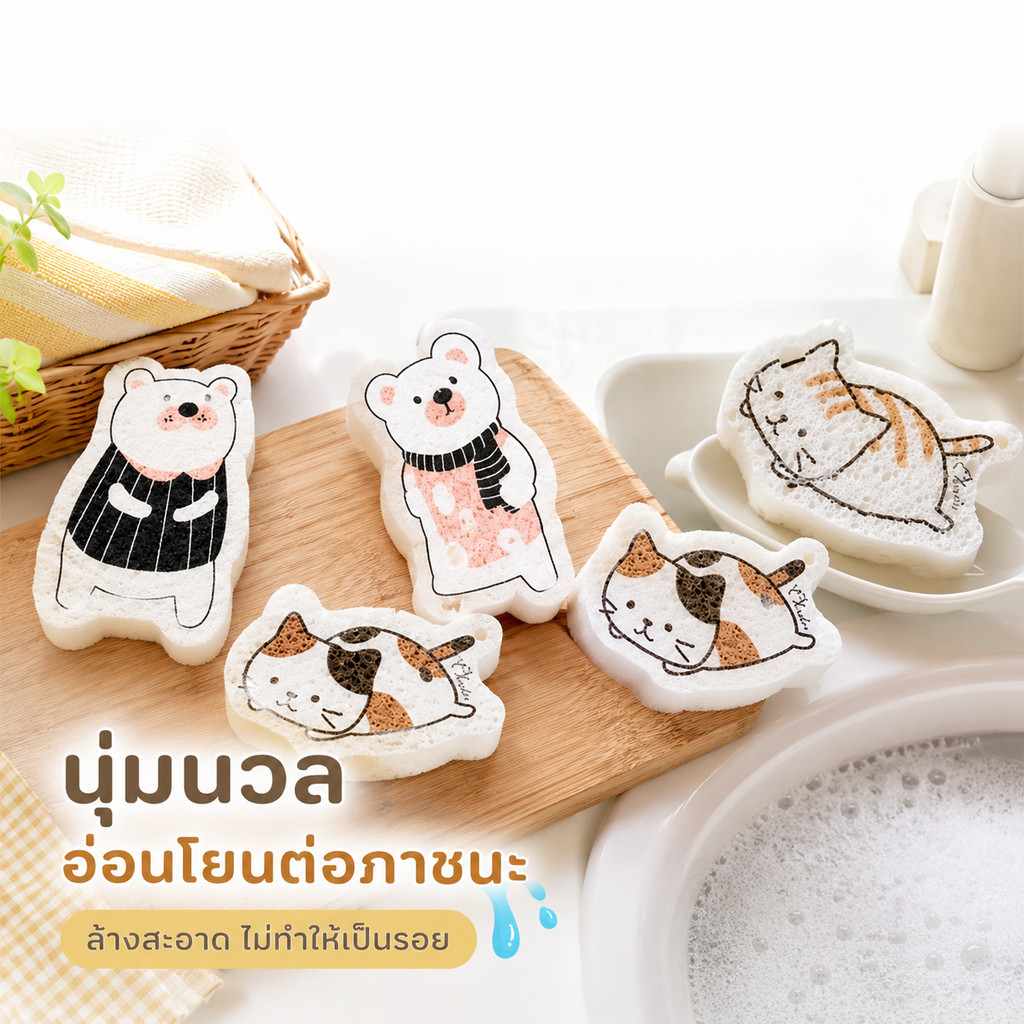 S00011 ฟองน้ําบีบอัด ฟองน้ําล้างจาน ฟองน้ำเยื่อไผ่ ฟองน้ำแมว เครื่องมือทําความสะอาดน้ํามันในครัว