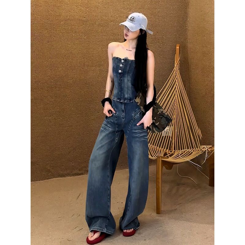 美式复古风上衣牛仔两套女夏季酷飒套装ootd穿搭260529 American retro-style denim two-piece set for women, summer cool and s
