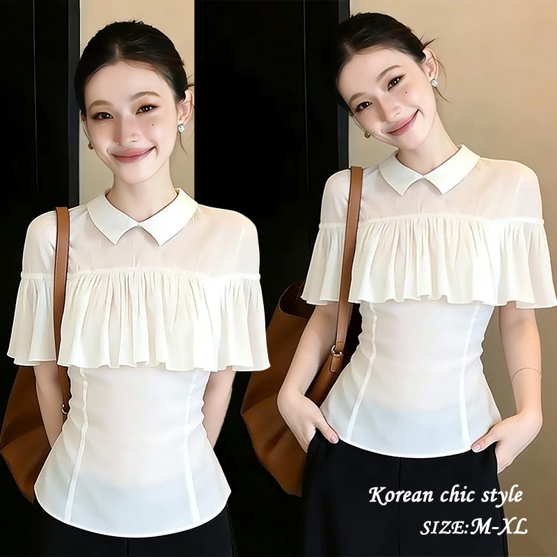 99437 พร้อมส่งไทย เสื้อเชิ้ตแขนสั้นสไตล์ฝรั่งเศส สีขาว พับริ้ว แบบคลุมไหล่ มีขอบระบาย ผ้าบางระบายอากาศ ฤดูร้อนใหม่