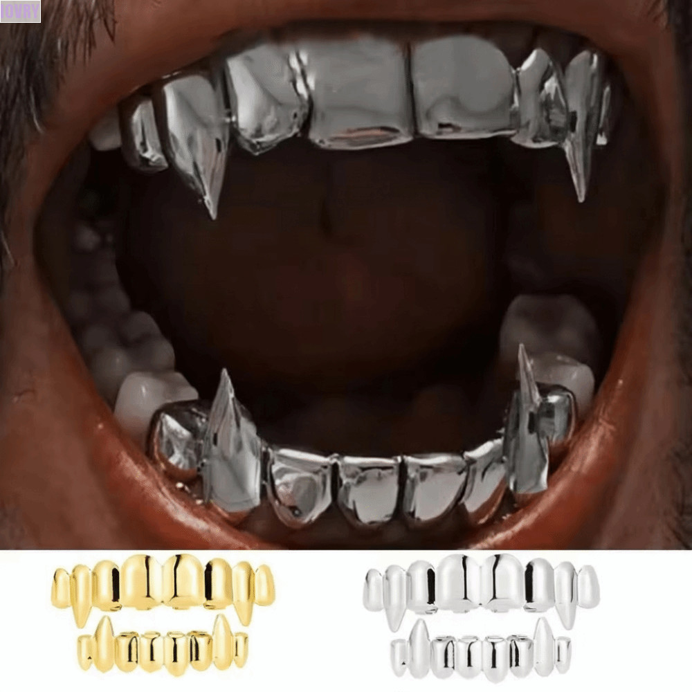IVORY ฟัน Grillz ชุดด้านล่างด้านบน, ฟันมันวาว Hip Hop 8/8 Fangs, คลาสสิก 18K Gold Anti Slip Gold Mou