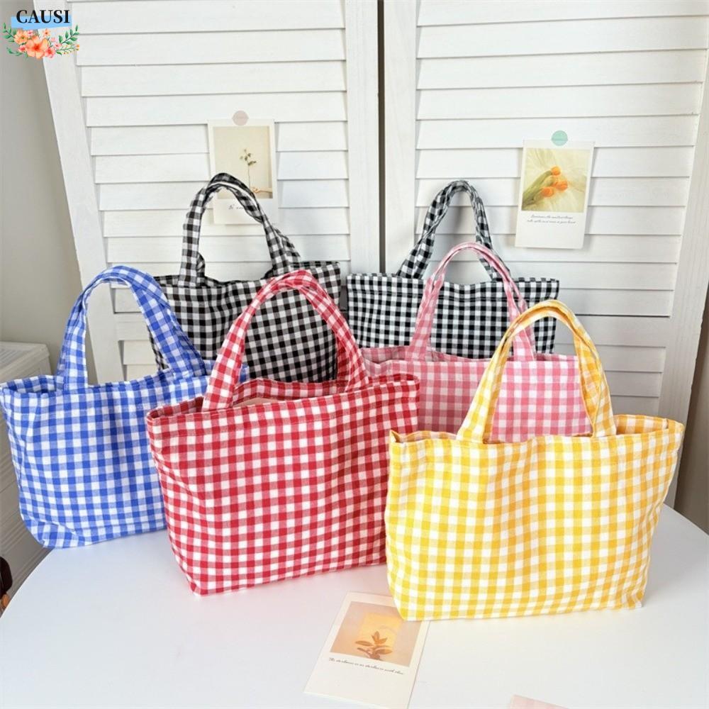 CAUSI Lunch Bag, Small Tote Purse, Simple Plaid Canvas Mini Tote Purse, Ultra-light สีสันนํากลับมาใช