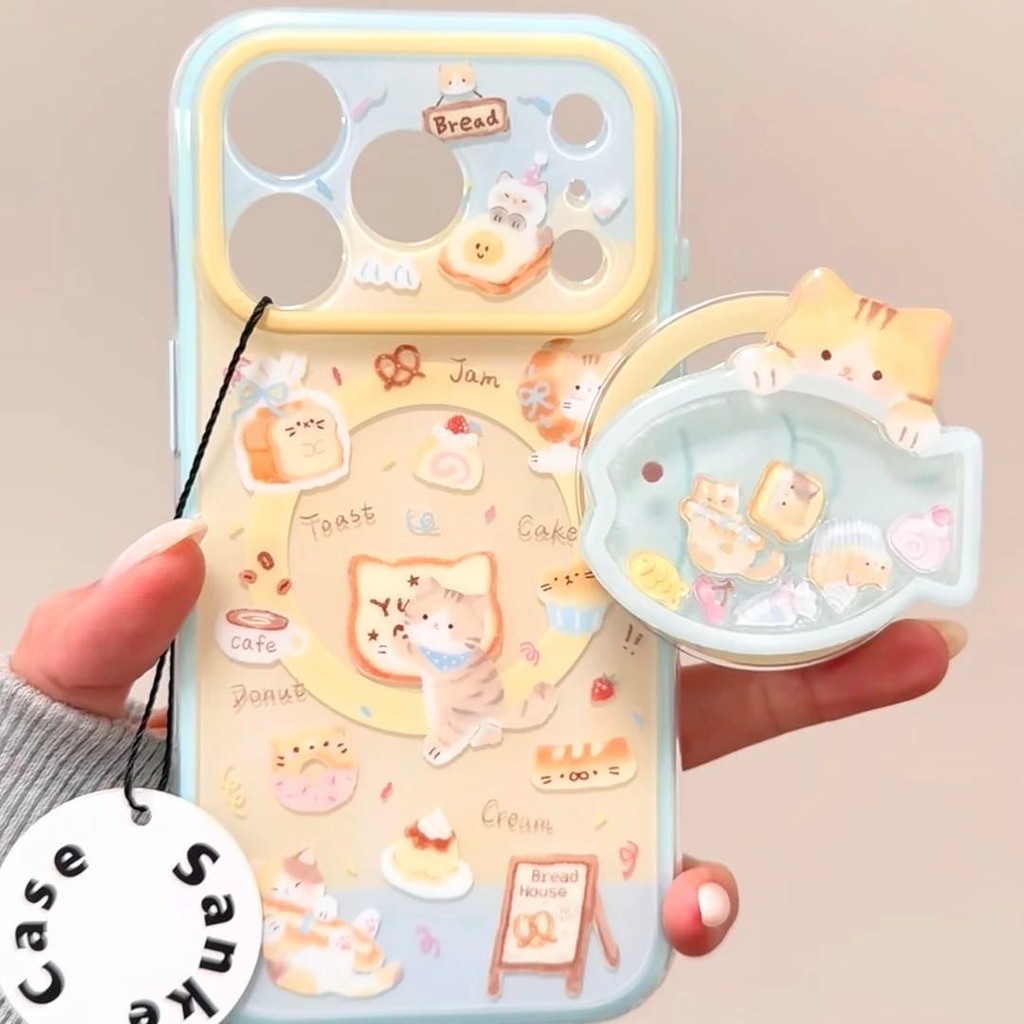 น่ารักเต็มหน้าจอขนมปังแมวปลาวงเล็บแม่เหล็กเคสโทรศัพท์เหมาะสําหรับiPhone17 Pro Max 16 15 Pro Maxกันกระแทกป้องกันกล้องDrop-proof Hardปกหลัง