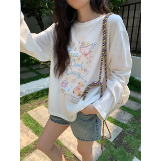 KYO 🌸【พร้อมส่ง】เกาหลีสไตล์ เสื้อยืดเเขนยาว ผู้หญิง พิมพ์ลาย "Free cind casy" OVERSIZE ผ้าฝ้าย 100% โคตรนุ่ม เสือใส่สบาย