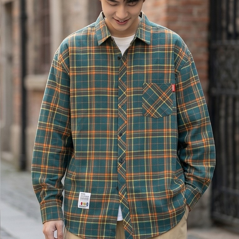 WMA4005 เสื้อเชิ้ตลายสก๊อตแขนยาวคอปก กระดุมหน้า มีกระเป๋า สไตล์เกาหลี ดีไซน์ย้อนยุคคลาสสิก แมทช์ง่าย