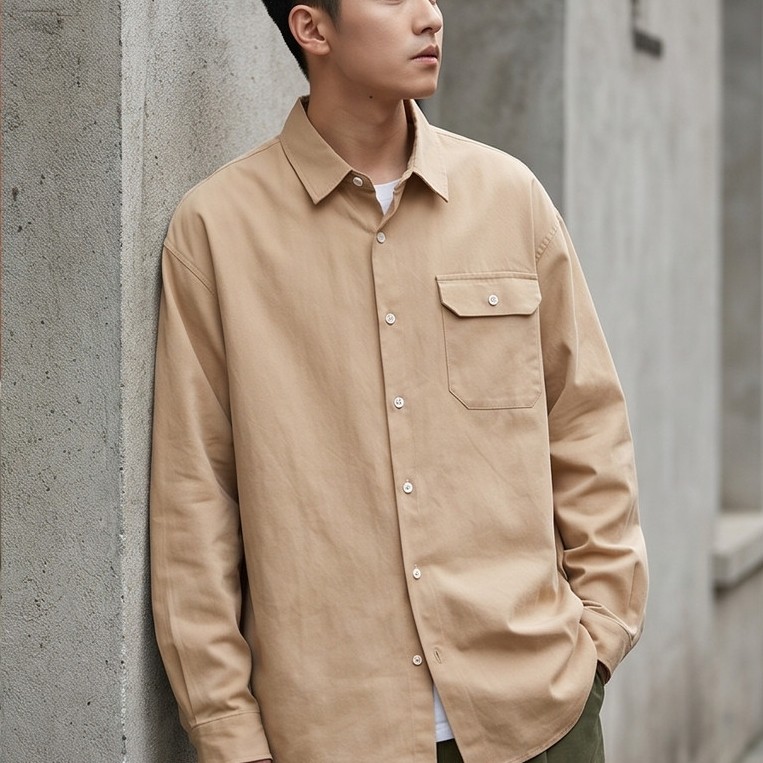CTA3017 เสื้อเชิ้ตแขนยาวผู้ชายสีพื้น คอปกกระดุมหน้า มีกระเป๋าหน้า สไตล์สตรีทเกาหลีโอปป้า ดีไซน์เรียบ
