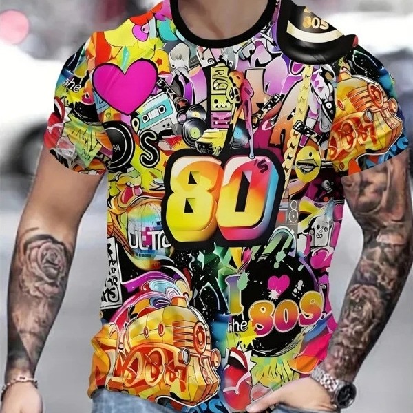 Retro 80s 3D พิมพ์เสื้อยืดสําหรับชายสนุกสีสันกราฟิกแขนสั้น Tees แฟชั่นฤดูร้อนรอบคอ Tops Street T เสื