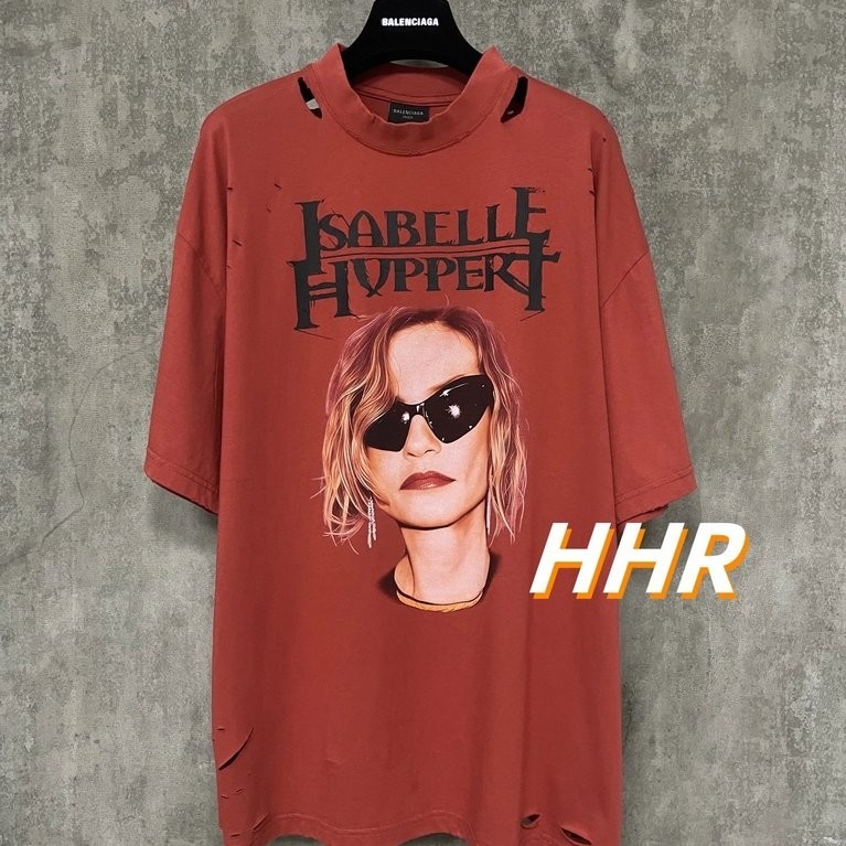 [รุ่นที่ถูกต้อง] Balenc1ag @/Paris 25ss Red Yu Huer ฉีดโดยตรงพิมพ์โลโก้รอบคอแขนสั้นเสื้อยืดผู้ชายผู้