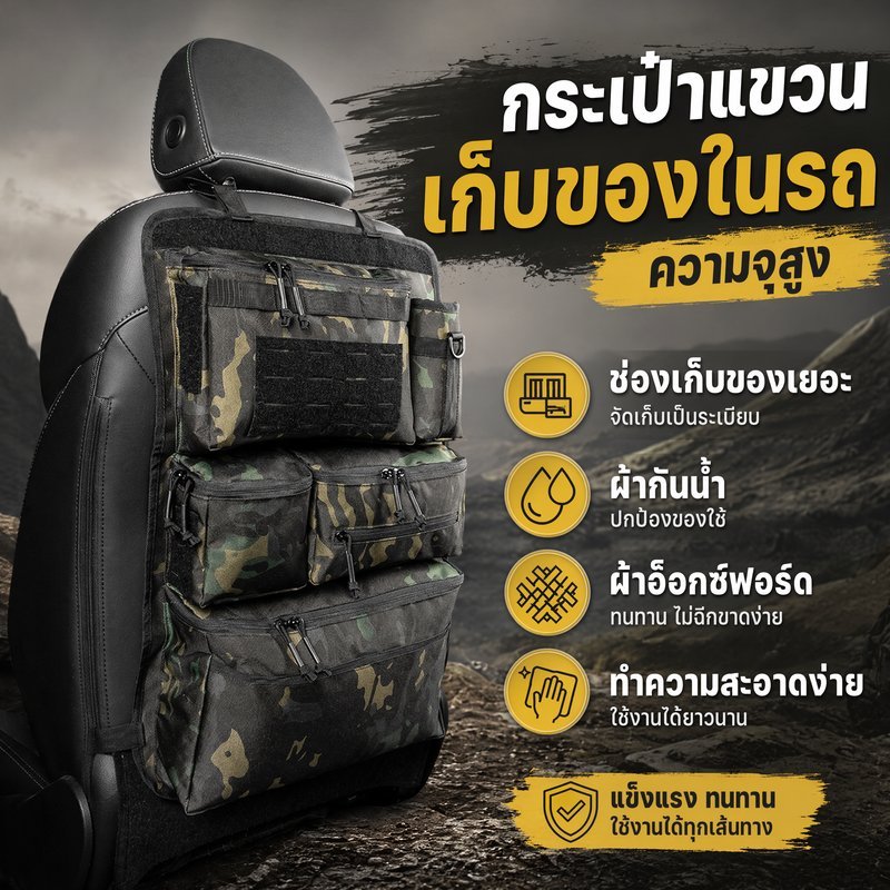 กระเป๋าเก็บของหลังเบาะรถยนต์ กระเป๋าแขวนเบาะรถ ผ้าอ็อกซ์ฟอร์ด กันน้ำ จุเยอะ ยุทธวิธี molle