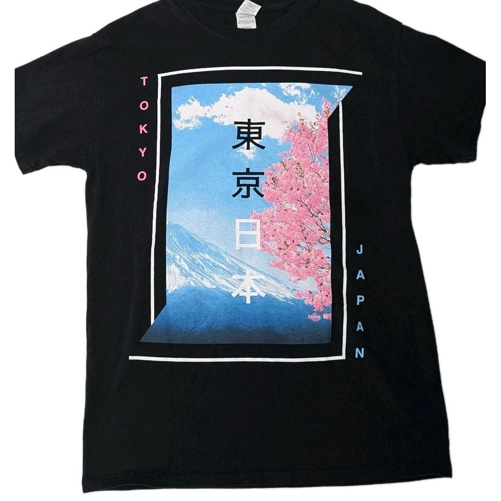 Cotton 100% Tokyo Sakura MT Fuji Mens Medium Black Pattern T-Shirt-
