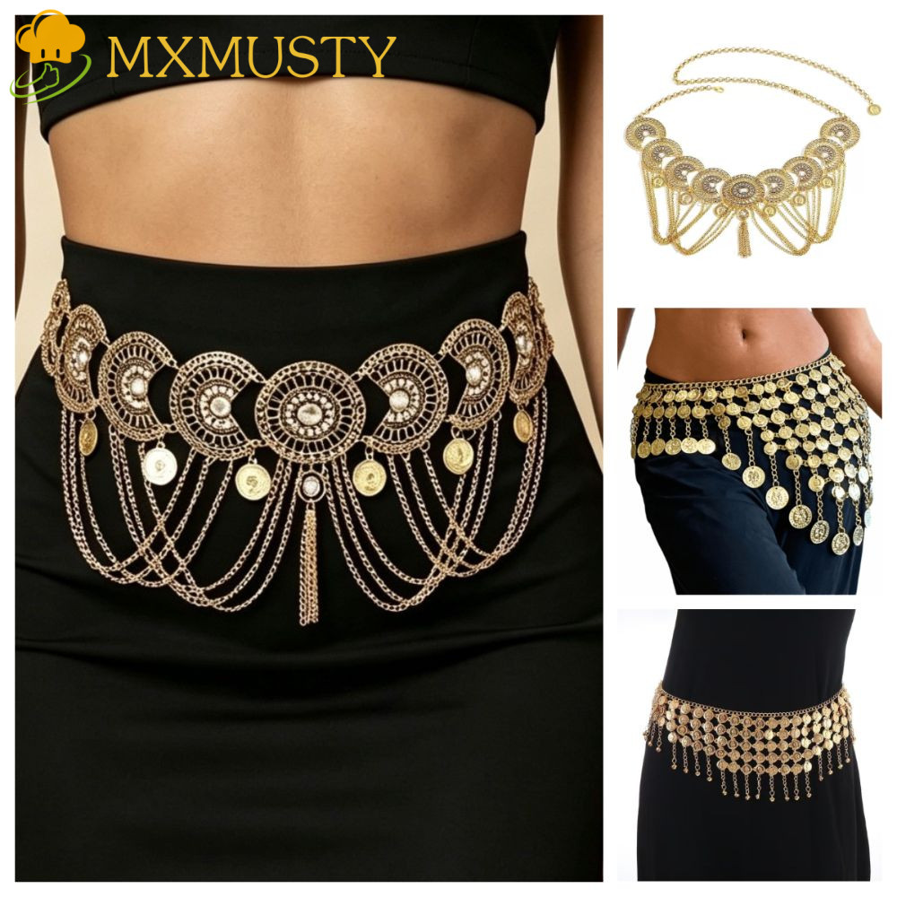 MXMUSTY ท้องโซ่,พู่วินเทจท้องเต้นรําผ้าพันคอ,เข็มขัดโบฮีเมียชาติพันธุ์สร้างสรรค์เอวโซ่ชุดอุปกรณ์เสริม