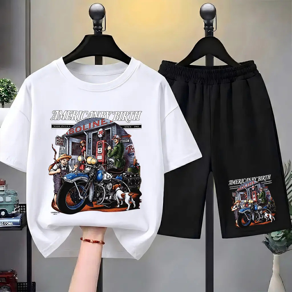 ชุดเด็ก เสื้อยืดแขนสั้น+กางเกงขาสั้น ลายการ์ตูนน่ารัก ผ้านุ่มใส่สบาย สำหรับเด็กชายและเด็กหญิง อายุ 3-12 ปี ไซซ์ 100-150
